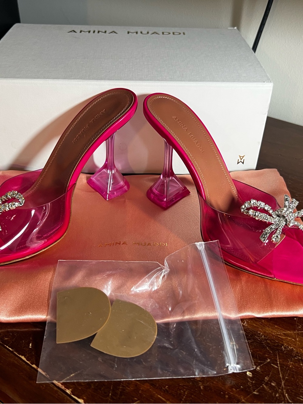 Amina Muaddi Hot Pink Crystal Bow PVC Mules - Picture 10 of 10